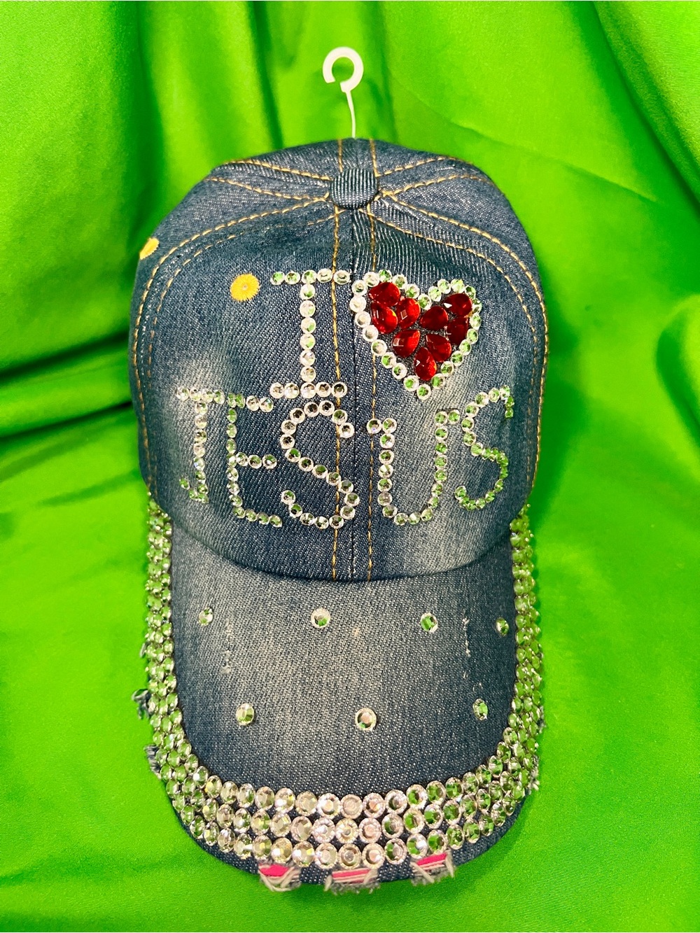 Women’s Faded Denim BeJeweled 'I ❤️JESUS' Cap with red Heart Accent 💒🧢❤️💎